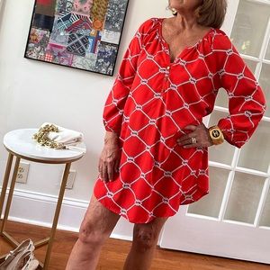 Rope/knot print red shirt dress gold buttons